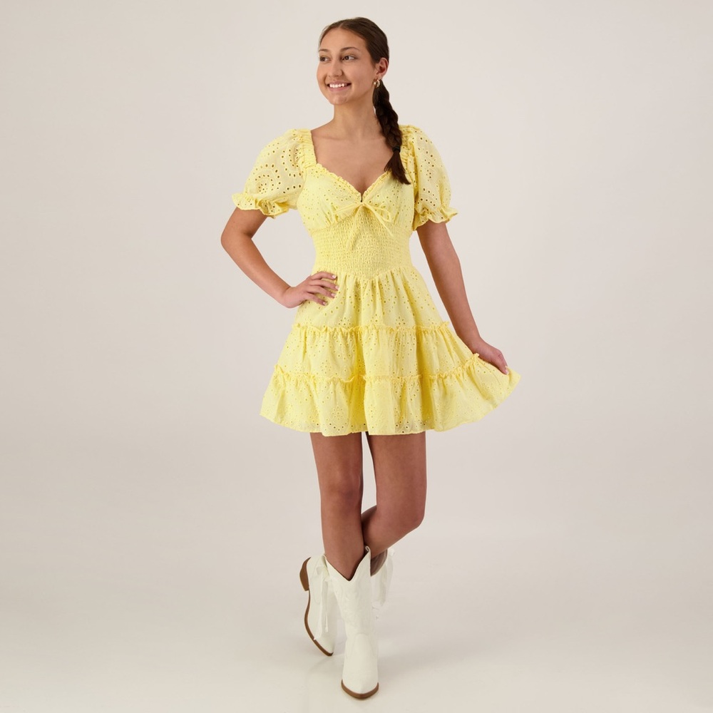 Crystal Doll Yellow Eyelet Tie-Front Mini Dress